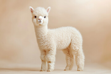 Obraz premium Fluffy white alpaca standing gracefully against soft background, exuding charm and innocence