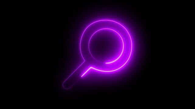neon search icon on black background. Glowing neon magnifying Glass Icon animation  violet  color 