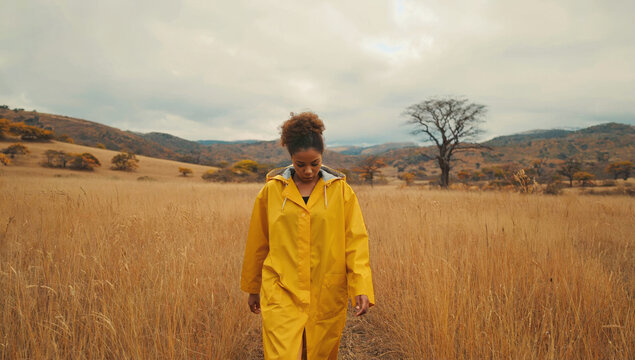 Young African girl in yellow raincoat walking in savanna during a refreshing rainstorm
