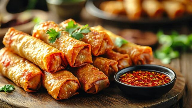 Crispy spring rolls served with chili sauce on a wooden platter.