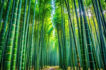 Fototapeta premium Lush bamboo, a stockade, frames a tranquil landscape.
