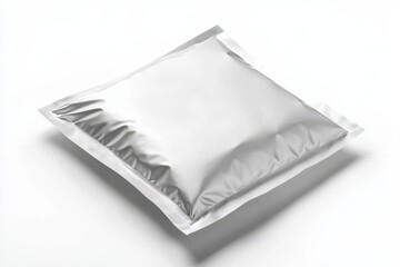White blank foil packaging bag mockup, front view, isolated on transparent background