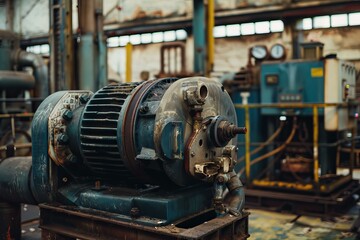 Obraz premium Old electric motor standing in an abandoned industrial factory showing signs of decay