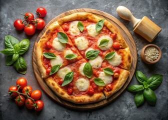 Margherita pizza, low-light shot, showcasing Italian flavors.