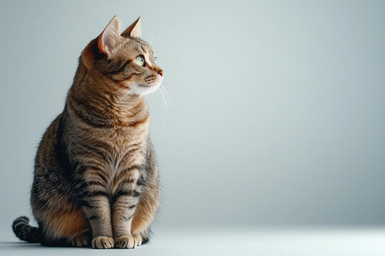 tabby cat sits gracefully, gazing thoughtfully to side