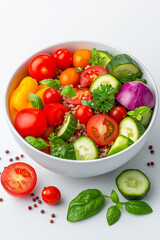 A floating bowl of quinoa salad with colorful veggies, isolated on white background.