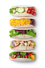 Floating corn tortillas with various fillings, isolated on white background.