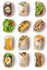 Floating corn tortillas with various fillings, isolated on white background.