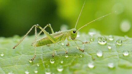 Fototapeta premium A Tiny Green Grasshopper on a Dew-Kissed Leaf