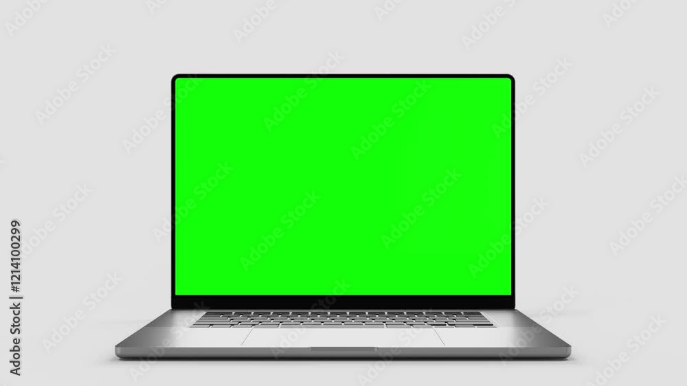 Poster laptop with a blank green screen – the computer falls down, bounces off the surface, and opens its d