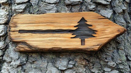 Rustic Wooden Trail Marker with Carved Arrow and Pine Tree