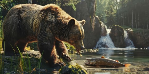 Grizzly Bear Catching Salmon in a Cascading Waterfall