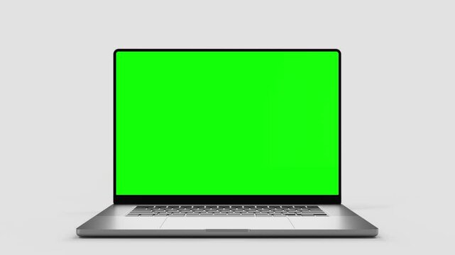 Laptop with a blank green screen &ndash; the computer falls down, bounces off the surface, and opens its display with a camera move forward. Chroma key, luma matte mask, screen tracking layer applied.