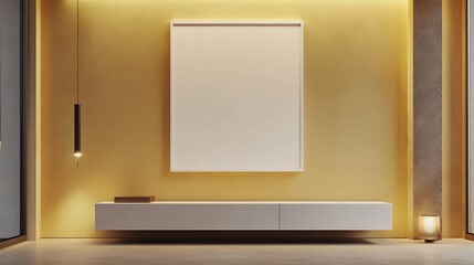 A refined modern layout with a blank white frame on a pastel beige, yellow, wall, accented by a minimalist credenza and soft lighting.