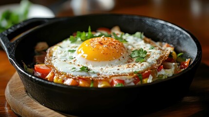 A perfectly cooked sunny-side-up egg sizzling in a cast iron skillet, with crispy edges and vibrant colors