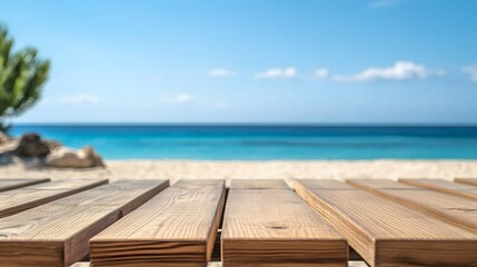 Fototapeta premium Wooden Beach Table Overlooking Ocean View