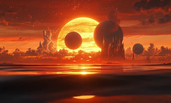 Alien Sunset Cityscape Dramatic Planets Fantasy Art