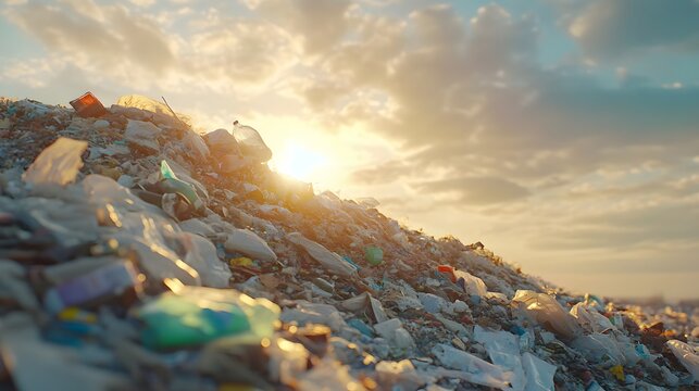 Sunset over a sprawling landfill highlighting waste and environmental concerns