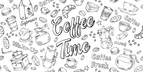 Doodle coffee shop background. Outline hand drawn set icon. vector illustration