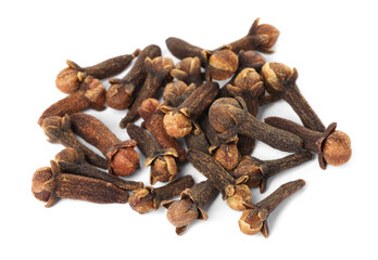 Pile of dry clove buds on white background. Aromatic spice