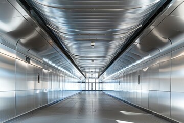 Naklejka premium Empty modern corridor with metal walls and ceiling reflecting light coming from a glass door