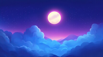 Night sky with full moon above fluffy clouds and mountains.