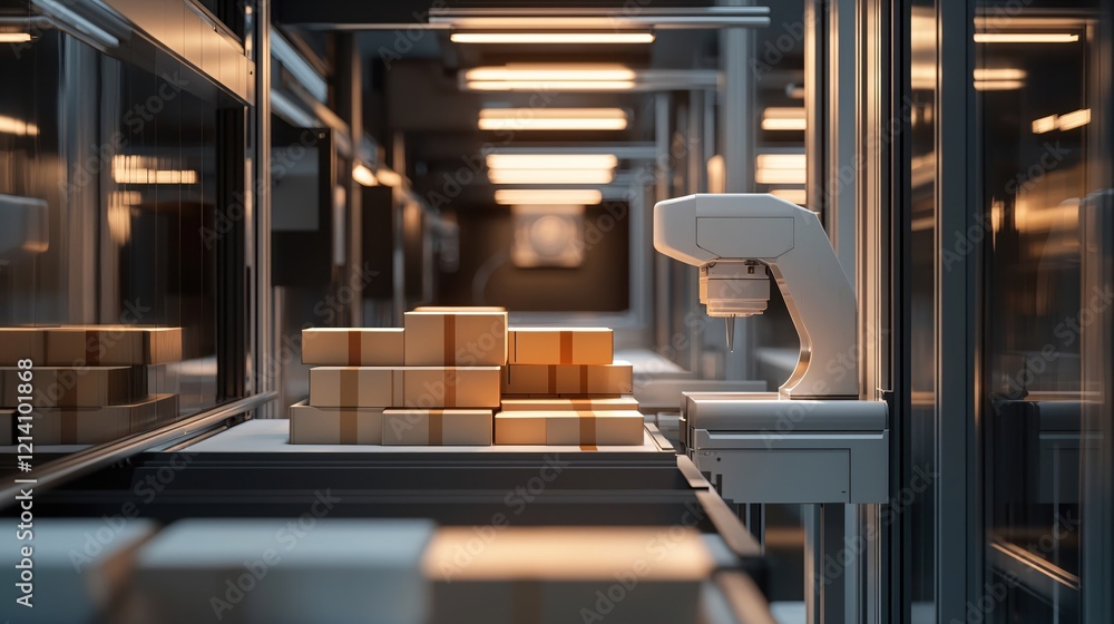 Aufkleber automated packaging system with conveyor belt and robotic arm in a factory setting