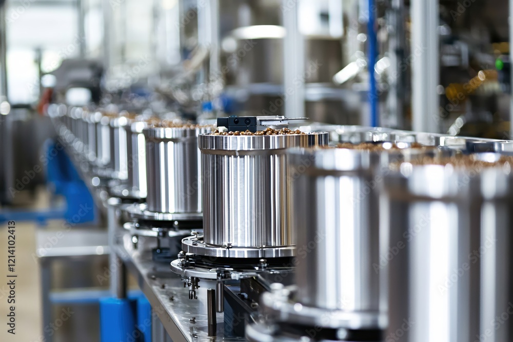 Poster automated production line with silver containers filled with brown material in a factory