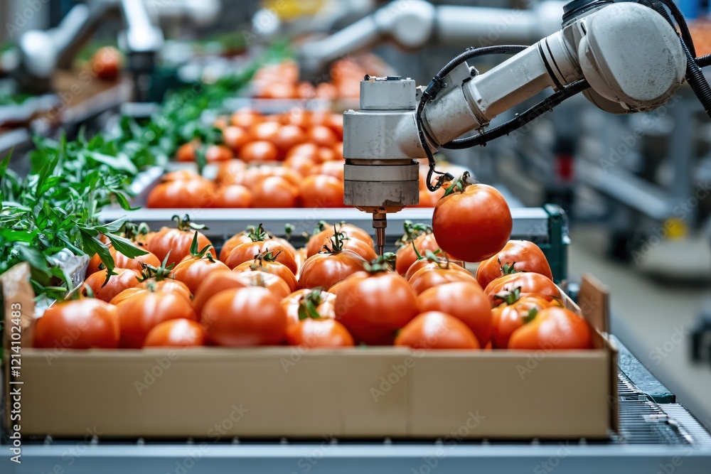Aufkleber automated tomato sorting process with robotic arm in modern food production facility