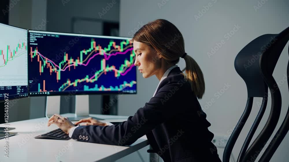 Aufkleber Professional woman analyzing stock market data on multiple computer screens in a modern office