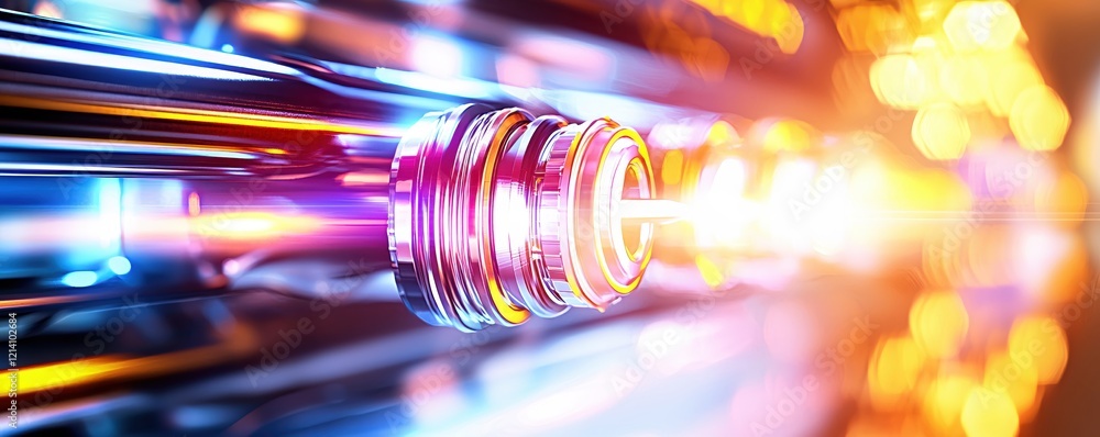 Poster abstract light beam through metallic rings with bokeh effect in a futuristic setting