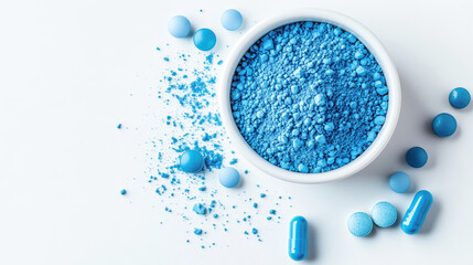 Vibrant blue powder and pills arranged artistically on a clean white surface with space for text and visual exploration