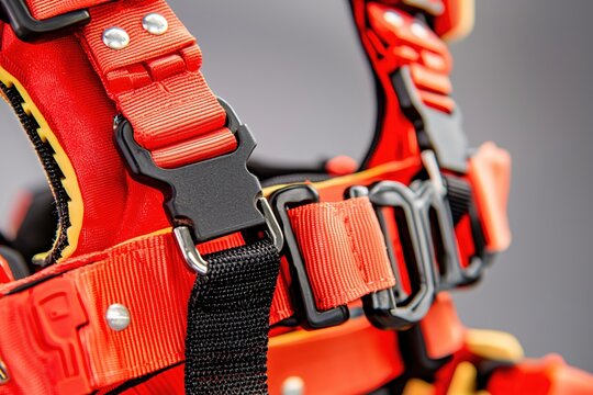 Close up of a red safety harness with black buckles and silver rivets on a gray background