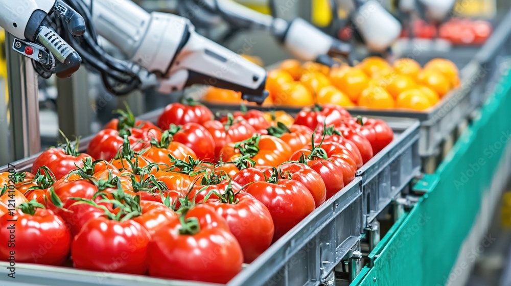 Poster robotic arms sorting fresh tomatoes on a conveyor belt in a modern food processing factory