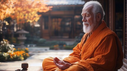Fototapeta premium Elderly Monk Meditating in Serene Garden