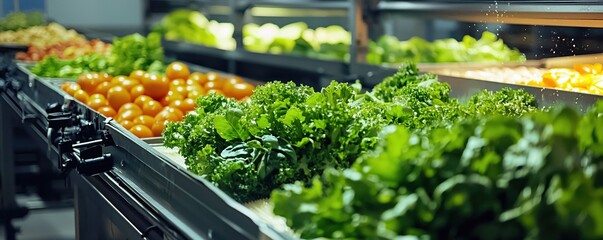 Fresh produce on conveyor belt with bright green lettuce and orange tomatoes in a food factory