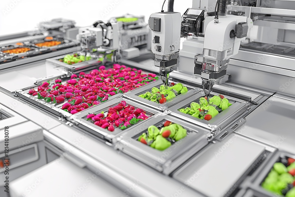 Poster robotic arm processing food on assembly line automated food production modern technology