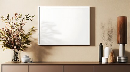 A serene and stylish setup with a blank white frame on a pastel beige, brown wall, positioned above a sleek, minimalist credenza.
