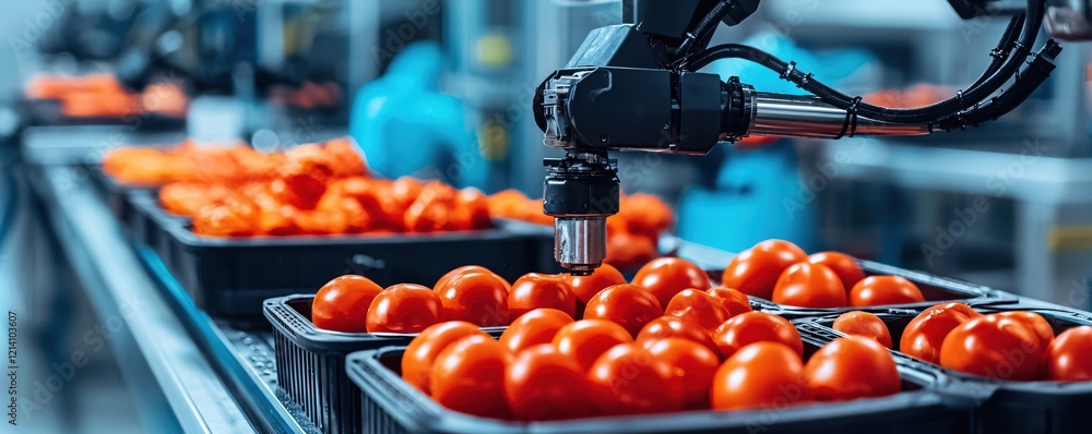 Poster automated robotic arm processing fresh red tomatoes in a food production line setting