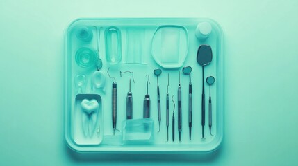 A complete tray of sterilized dental equipment ready for use on a gradient teal-to-white background