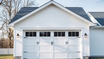 Close-up of a white garage door with black hardware and two outdoor light fixtures