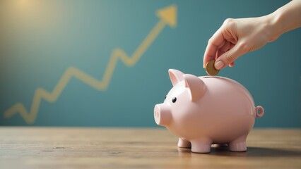 Saving money in a pink piggy bank while watching financial growth