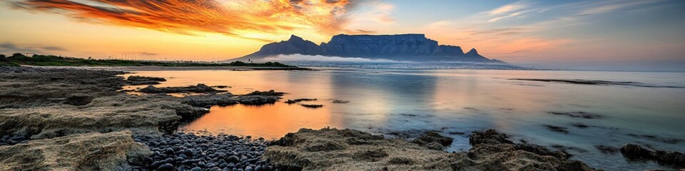 Fototapeta premium Scenic mountain view at sunset with orange sky and calm ocean water reflecting the light