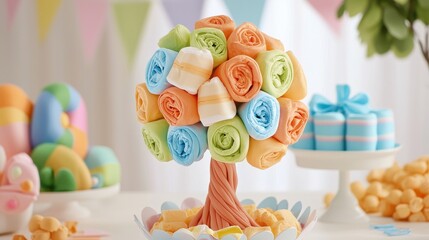 Fototapeta premium A vibrant nappy tree made of colorful marshmallow roses, surrounded by festive decorations and treats, perfect for celebrations.
