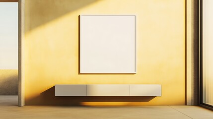 A sleek and artistic interior with a blank white frame on a gradient beige, yellow, wall, complemented by a minimalist credenza.