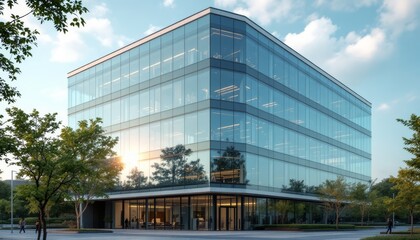Obraz premium Modern glass building with clean lines and a reflective facade during evening light