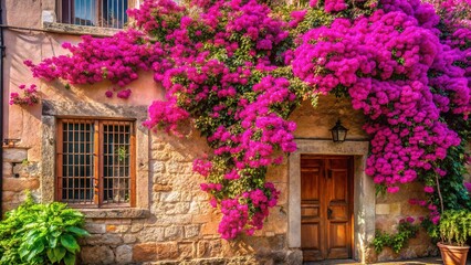 Vibrant bougainvillea climbs a building, a photorealistic AI creation. Perfect for adding your own text.