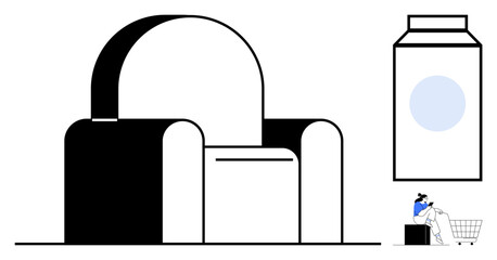 Oversized armchair symbolizes comfort milk carton suggests daily essentials person sits with shopping cart, evoking consumerism. Ideal for lifestyle, minimalism, comfort, daily life, consumer habits