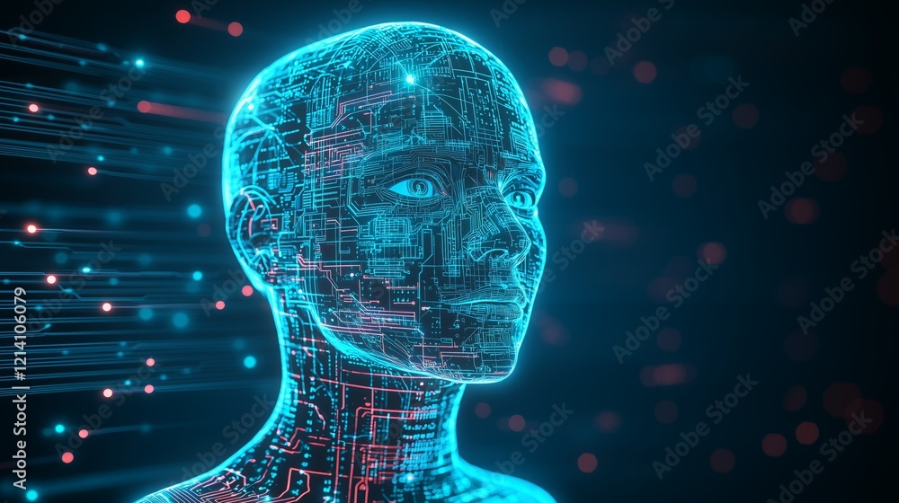 Poster digital human head with neon circuit design showcasing advanced technology and futuristic aesthetics