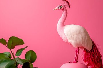 Obraz premium Pink Peacock on Pink Sphere with Green Foliage